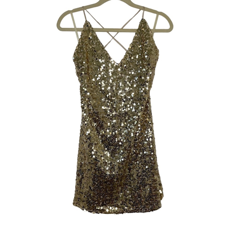 NWT Gold Sequin Mini Dress w/adjustable tie back / open back / SIZE SMALL